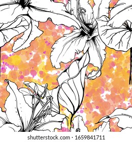 Patrón floral blanco y negro sin soldadura. Impresión artística moderna de acuarela. Superficie De Flores De Contorno De Moda. Motif vectorial botánico sobre la textura de manchas de tinta. Dibujo de hoja abstracta. Trópico de tendencias.