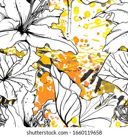 Floral Black and White Seamless Pattern. Modern Artistic Watercolor Print. Fashion Outline Flowers Surface. Botanic Vector Motif on Ink Stains Texture. Drawing Abstract Leaf. Trend Tropic Background.