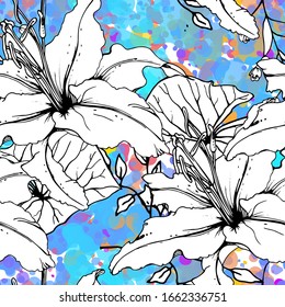 Floral Black and White Seamless Pattern. Modern Artistic Watercolor Print. Fashion Outline Flowers Surface. Botanic Vector Motif on Ink Stains Texture. Drawing Abstract Leaf. Trend Tropic Background.