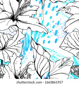 Patrón floral blanco y negro sin soldadura. Impresión artística moderna de acuarela. Superficie De Flores De Contorno De Moda. Motif vectorial botánico sobre la textura de manchas de tinta. Dibujo de hoja abstracta. Trópico de tendencias.