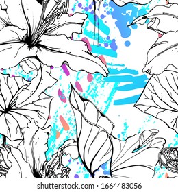 Floral Black and White Seamless Pattern. Modern Artistic Watercolor Print. Fashion Outline Flowers Surface. Botanic Vector Motif on Ink Stains Texture. Drawing Abstract Leaf. Trend Tropic Background.