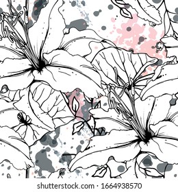 Floral Black and White Seamless Pattern. Modern Artistic Watercolor Print. Fashion Outline Flowers Surface. Botanic Vector Motif on Ink Stains Texture. Drawing Abstract Leaf. Trend Tropic Background.