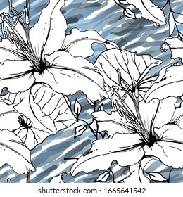 Patrón floral blanco y negro sin soldadura. Impresión artística moderna de acuarela. Superficie De Flores De Contorno De Moda. Motif vectorial botánico sobre la textura de manchas de tinta. Dibujo de hoja abstracta. Trópico de tendencias.