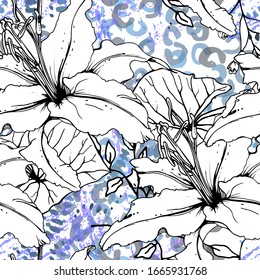 Floral Black and White Seamless Pattern. Modern Artistic Watercolor Print. Fashion Outline Flowers Surface. Botanic Vector Motif on Ink Stains Texture. Drawing Abstract Leaf. Trend Tropic Background.