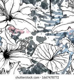 Floral Black and White Seamless Pattern. Modern Artistic Watercolor Print. Fashion Outline Flowers Surface. Botanic Vector Motif on Ink Stains Texture. Drawing Abstract Leaf. Trend Tropic Background.
