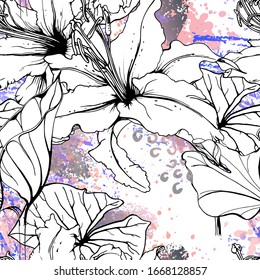 Floral Black and White Seamless Pattern. Modern Artistic Watercolor Print. Fashion Outline Flowers Surface. Botanic Vector Motif on Ink Stains Texture. Drawing Abstract Leaf. Trend Tropic Background.