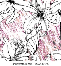 Floral Black and White Seamless Pattern. Modern Artistic Watercolor Print. Fashion Outline Flowers Surface. Botanic Vector Motif on Ink Stains Texture. Drawing Abstract Leaf. Trend Tropic Background.