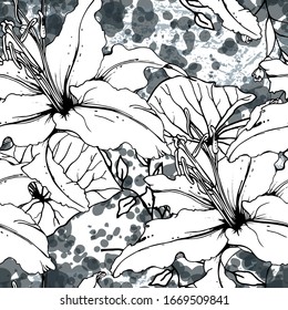 Floral Black and White Seamless Pattern. Modern Artistic Watercolor Print. Fashion Outline Flowers Surface. Botanic Vector Motif on Ink Stains Texture. Drawing Abstract Leaf. Trend Tropic Background.