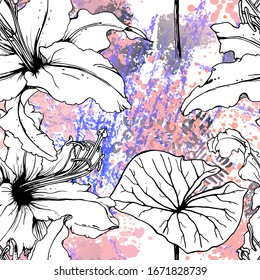 Floral Black and White Seamless Pattern. Modern Artistic Watercolor Print. Fashion Outline Flowers Surface. Botanic Vector Motif on Ink Stains Texture. Drawing Abstract Leaf. Trend Tropic Background.