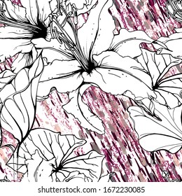Floral Black and White Seamless Pattern. Modern Artistic Watercolor Print. Fashion Outline Flowers Surface. Botanic Vector Motif on Ink Stains Texture. Drawing Abstract Leaf. Trend Tropic Background.