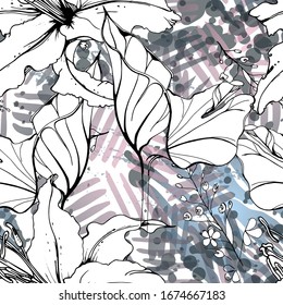 Floral Black and White Seamless Pattern. Modern Artistic Watercolor Print. Fashion Outline Flowers Surface. Botanic Vector Motif on Ink Stains Texture. Drawing Abstract Leaf. Trend Tropic Background.