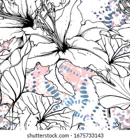 Floral Black and White Seamless Pattern. Modern Artistic Watercolor Print. Fashion Outline Flowers Surface. Botanic Vector Motif on Ink Stains Texture. Drawing Abstract Leaf. Trend Tropic Background.