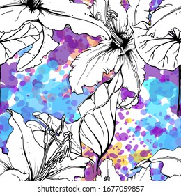 Floral Black and White Seamless Pattern. Modern Artistic Watercolor Print. Fashion Outline Flowers Surface. Botanic Vector Motif on Ink Stains Texture. Drawing Abstract Leaf. Trend Tropic Background.