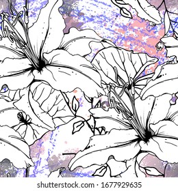 Patrón floral blanco y negro sin soldadura. Impresión artística moderna de acuarela. Superficie De Flores De Contorno De Moda. Motif vectorial botánico sobre la textura de manchas de tinta. Dibujo de hoja abstracta. Trópico de tendencias.