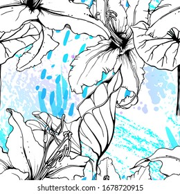 Floral Black and White Seamless Pattern. Modern Artistic Watercolor Print. Fashion Outline Flowers Surface. Botanic Vector Motif on Ink Stains Texture. Drawing Abstract Leaf. Trend Tropic Background.