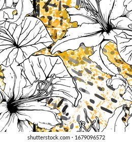 Floral Black and White Seamless Pattern. Modern Artistic Watercolor Print. Fashion Outline Flowers Surface. Botanic Vector Motif on Ink Stains Texture. Drawing Abstract Leaf. Trend Tropic Background.