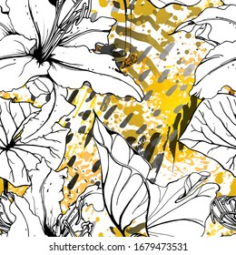 Floral Black and White Seamless Pattern. Modern Artistic Watercolor Print. Fashion Outline Flowers Surface. Botanic Vector Motif on Ink Stains Texture. Drawing Abstract Leaf. Trend Tropic Background.