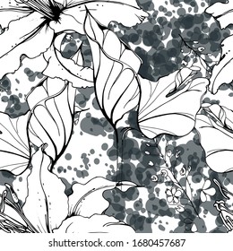 Floral Black and White Seamless Pattern. Modern Artistic Watercolor Print. Fashion Outline Flowers Surface. Botanic Vector Motif on Ink Stains Texture. Drawing Abstract Leaf. Trend Tropic Background.