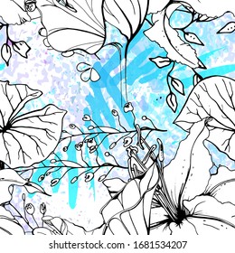 Floral Black and White Seamless Pattern. Modern Artistic Watercolor Print. Fashion Outline Flowers Surface. Botanic Vector Motif on Ink Stains Texture. Drawing Abstract Leaf. Trend Tropic Background.