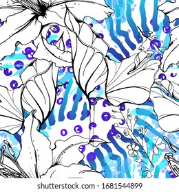 Patrón floral blanco y negro sin soldadura. Impresión artística moderna de acuarela. Superficie De Flores De Contorno De Moda. Motif vectorial botánico sobre la textura de manchas de tinta. Dibujo de hoja abstracta. Trópico de tendencias.