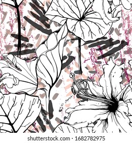 Floral Black and White Seamless Pattern. Modern Artistic Watercolor Print. Fashion Outline Flowers Surface. Botanic Vector Motif on Ink Stains Texture. Drawing Abstract Leaf. Trend Tropic Background.