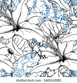 Floral Black and White Seamless Pattern. Modern Artistic Watercolor Print. Fashion Outline Flowers Surface. Botanic Vector Motif on Ink Stains Texture. Drawing Abstract Leaf. Trend Tropic Background.