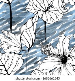 Patrón floral blanco y negro sin soldadura. Impresión artística moderna de acuarela. Superficie De Flores De Contorno De Moda. Motif vectorial botánico sobre la textura de manchas de tinta. Dibujo de hoja abstracta. Trópico de tendencias.