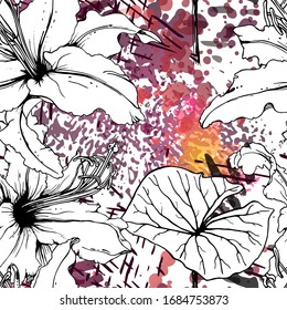 Floral Black and White Seamless Pattern. Modern Artistic Watercolor Print. Fashion Outline Flowers Surface. Botanic Vector Motif on Ink Stains Texture. Drawing Abstract Leaf. Trend Tropic Background.
