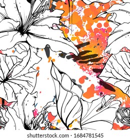 Patrón floral blanco y negro sin soldadura. Impresión artística moderna de acuarela. Superficie De Flores De Contorno De Moda. Motif vectorial botánico sobre la textura de manchas de tinta. Dibujo de hoja abstracta. Trópico de tendencias.