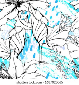 Floral Black and White Seamless Pattern. Modern Artistic Watercolor Print. Fashion Outline Flowers Surface. Botanic Vector Motif on Ink Stains Texture. Drawing Abstract Leaf. Trend Tropic Background.