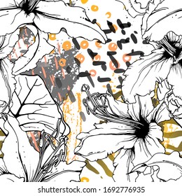 Patrón floral blanco y negro sin soldadura. Impresión artística moderna de acuarela. Superficie De Flores De Contorno De Moda. Motif vectorial botánico sobre la textura de manchas de tinta. Dibujo de hoja abstracta. Trópico de tendencias.