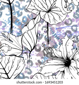 Floral Black and White Seamless Pattern. Modern Artistic Watercolor Print. Fashion Outline Flowers Surface. Botanic Vector Motif on Ink Stains Texture. Drawing Abstract Leaf. Trend Tropic Background.