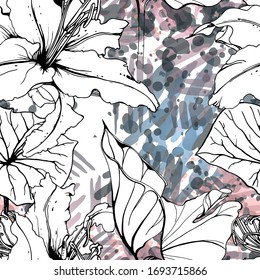 Schwarz-Weiß-Muster mit floralem Muster. Moderne künstlerische Aquarell Print. Fashion Outline Blumen Oberfläche. Botanische Vektorillustration Motif auf Tinte Stains Textur. Abstraktes Leaf zeichnen. Trend-tropischer Hintergrund.