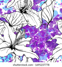 Floral Black and White Seamless Pattern. Modern Artistic Watercolor Print. Fashion Outline Flowers Surface. Botanic Vector Motif on Ink Stains Texture. Drawing Abstract Leaf. Trend Tropic Background.