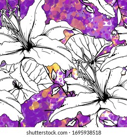 Floral Black and White Seamless Pattern. Modern Artistic Watercolor Print. Fashion Outline Flowers Surface. Botanic Vector Motif on Ink Stains Texture. Drawing Abstract Leaf. Trend Tropic Background.