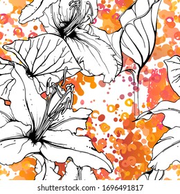 Patrón floral blanco y negro sin soldadura. Impresión artística moderna de acuarela. Superficie De Flores De Contorno De Moda. Motif vectorial botánico sobre la textura de manchas de tinta. Dibujo de hoja abstracta. Trópico de tendencias.