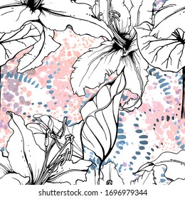 Floral Black and White Seamless Pattern. Modern Artistic Watercolor Print. Fashion Outline Flowers Surface. Botanic Vector Motif on Ink Stains Texture. Drawing Abstract Leaf. Trend Tropic Background.