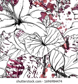 Floral Black and White Seamless Pattern. Modern Artistic Watercolor Print. Fashion Outline Flowers Surface. Botanic Vector Motif on Ink Stains Texture. Drawing Abstract Leaf. Trend Tropic Background.