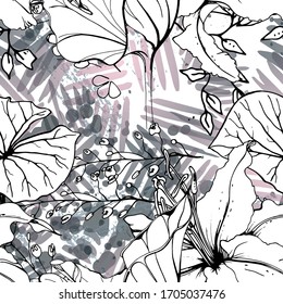 Floral Black and White Seamless Pattern. Modern Artistic Watercolor Print. Fashion Outline Flowers Surface. Botanic Vector Motif on Ink Stains Texture. Drawing Abstract Leaf. Trend Tropic Background.