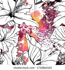 Patrón floral blanco y negro sin soldadura. Impresión artística moderna de acuarela. Superficie De Flores De Contorno De Moda. Motif vectorial botánico sobre la textura de manchas de tinta. Dibujo de hoja abstracta. Trópico de tendencias.