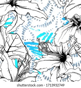 Floral Black and White Seamless Pattern. Modern Artistic Watercolor Print. Fashion Outline Flowers Surface. Botanic Vector Motif on Ink Stains Texture. Drawing Abstract Leaf. Trend Tropic Background.