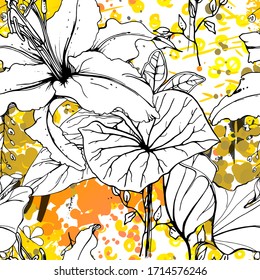 Schwarz-Weiß-Muster mit floralem Muster. Moderne künstlerische Aquarell Print. Fashion Outline Blumen Oberfläche. Botanische Vektorgrafik-Motive auf Tinte Stains Textur. Abstraktes Leaf zeichnen. Trend-tropischer Hintergrund.