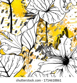 Floral Black and White Seamless Pattern. Modern Artistic Watercolor Print. Fashion Outline Flowers Surface. Botanic Vector Motif on Ink Stains Texture. Drawing Abstract Leaf. Trend Tropic Background.