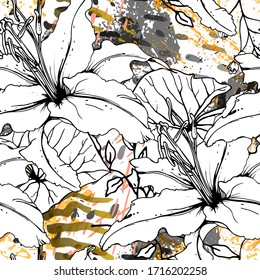 Floral Black and White Seamless Pattern. Modern Artistic Watercolor Print. Fashion Outline Flowers Surface. Botanic Vector Motif on Ink Stains Texture. Drawing Abstract Leaf. Trend Tropic Background.
