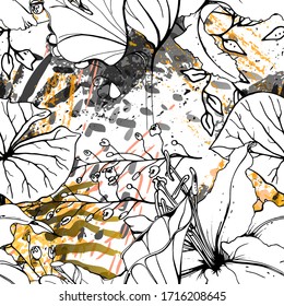 Floral Black and White Seamless Pattern. Modern Artistic Watercolor Print. Fashion Outline Flowers Surface. Botanic Vector Motif on Ink Stains Texture. Drawing Abstract Leaf. Trend Tropic Background.