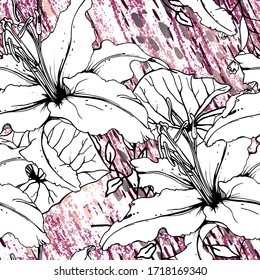 Patrón floral blanco y negro sin soldadura. Impresión artística moderna de acuarela. Superficie De Flores De Contorno De Moda. Motif vectorial botánico sobre la textura de manchas de tinta. Dibujo de hoja abstracta. Trópico de tendencias.