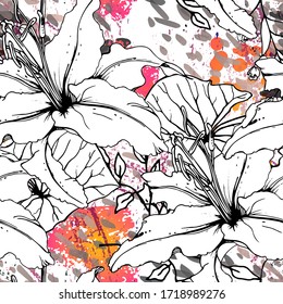 Floral Black and White Seamless Pattern. Modern Artistic Watercolor Print. Fashion Outline Flowers Surface. Botanic Vector Motif on Ink Stains Texture. Drawing Abstract Leaf. Trend Tropic Background.