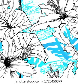 Floral Black and White Seamless Pattern. Modern Artistic Watercolor Print. Fashion Outline Flowers Surface. Botanic Vector Motif on Ink Stains Texture. Drawing Abstract Leaf. Trend Tropic Background.