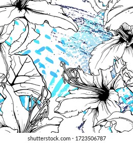 Patrón floral blanco y negro sin soldadura. Impresión artística moderna de acuarela. Superficie De Flores De Contorno De Moda. Motif vectorial botánico sobre la textura de manchas de tinta. Dibujo de hoja abstracta. Trópico de tendencias.