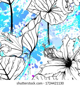 Floral Black and White Seamless Pattern. Modern Artistic Watercolor Print. Fashion Outline Flowers Surface. Botanic Vector Motif on Ink Stains Texture. Drawing Abstract Leaf. Trend Tropic Background.